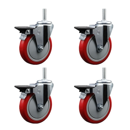 Service Caster 5 Inch Red Polyurethane Wheel Swivel 34 Inch Threaded Stem Caster Set with Brake SCC SCC-TS20S514-PPUB-RED-PLB-34212-4